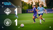 Image depicting Fiorentina vs Manchester City Women's team match with a score of 1-1. Two players from opposing teams are running along with a ball on the field.