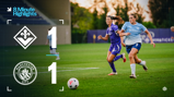 Image depicting Fiorentina vs Manchester City Women's team match with a score of 1-1. Two players from opposing teams are running along with a ball on the field.