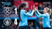 Graphic showing the final score of West Ham United vs Manchester City women's match: 1-4. Two Manchester City players are seen high-fiving.