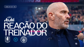 Graphic featuring date Sat 24 Oct 2026, logos of Aston Villa and Manchester City, and the text 'Manager's Reaction', with Asahi logo.