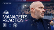 Graphic featuring date Sat 24 Oct 2026, logos of Aston Villa and Manchester City, and the text 'Manager's Reaction', with Asahi logo.