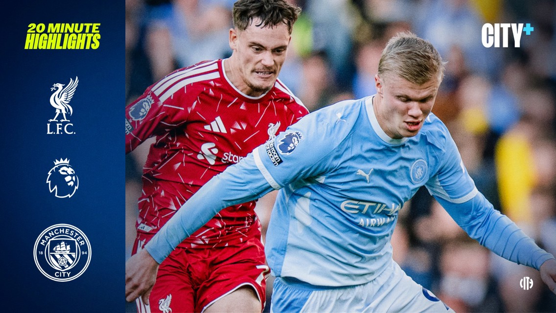 Image promoting 20-minute highlights of a Premier League match between Liverpool FC and Manchester City, featuring players in action.