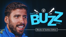 A Manchester City-themed poster featuring the phrase "Don't Buzz until... Blocks & Tackles Edition" with the club's logo.