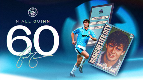 Celebration graphic for Niall Quinn's 60th birthday featuring Manchester City logo, details of his career including appearances, goals, and seasons.