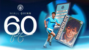 Celebration graphic for Niall Quinn's 60th birthday featuring Manchester City logo, details of his career including appearances, goals, and seasons.