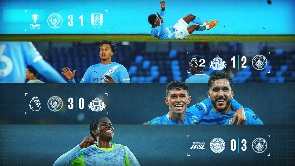 Image showcasing recent Manchester City match results across various competitions including the FA Youth Cup, Premier League, and Women's Super League.