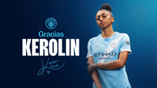 An image featuring a Manchester City player in a light blue jersey. The text reads 'Gracias Kerolin' with the Manchester City logo above.