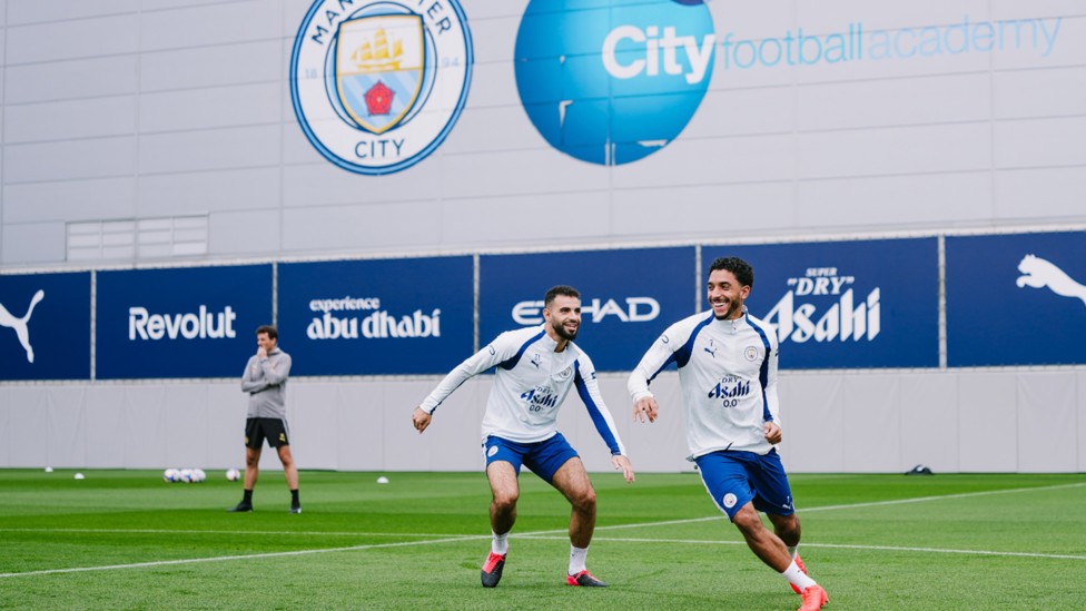 ACTION STATIONS: Rayan Ait-Nouri and Omar Marmoush get into the competitive groove.
