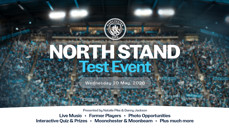Event for Manchester City's North Stand, scheduled for Wednesday, 20 May 2026. Features live music, former players, photo opportunities, interactive quizzes and more. Presented by Natalie Pike and Danny Jackson.