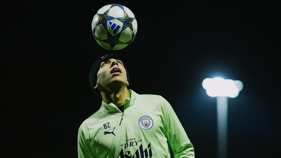 MAGIC MAN : Rico Lewis looks to balance the ball on his head.