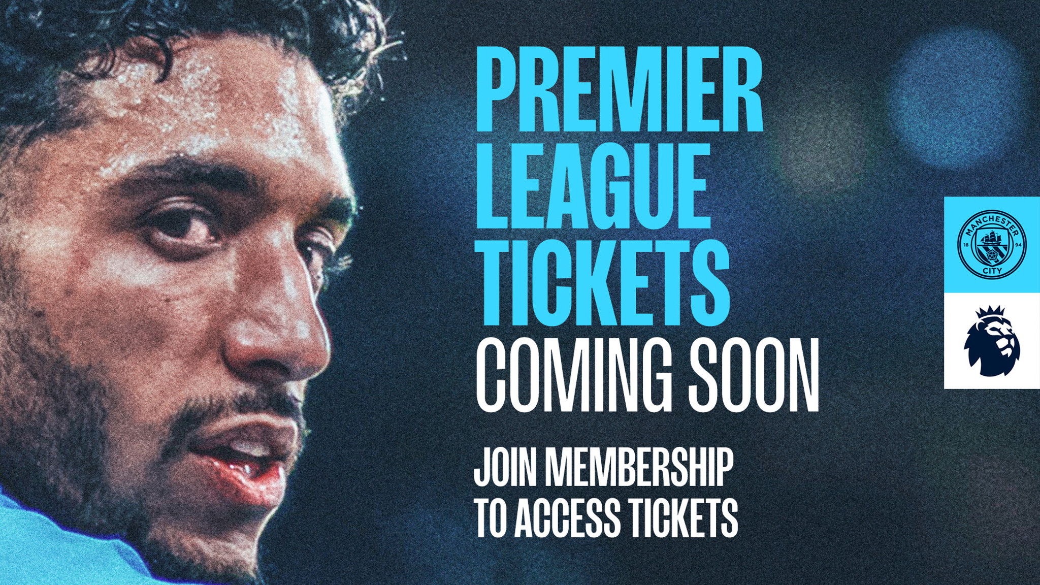 Announcement for upcoming Premier League tickets with Manchester City and Premier League logos, encouraging joining membership for ticket access.