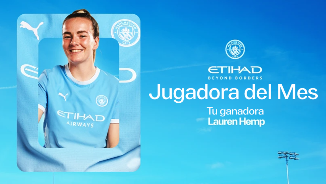 Blue background featuring a female soccer player in a Manchester City uniform. The text reads 'Jugadora del Mes' and includes the name 'Lauren Hemp'.
