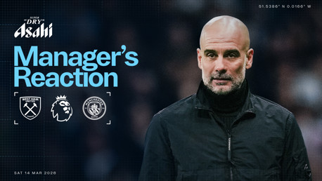 A promotional graphic featuring text 'Manager's Reaction' with Premier League logos of West Ham United and Manchester City. Date: Sat 14 Mar 2026.