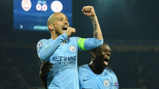 JUST CHAMPION: David Silva celebrates his stunning goal with Benjamin Mendy