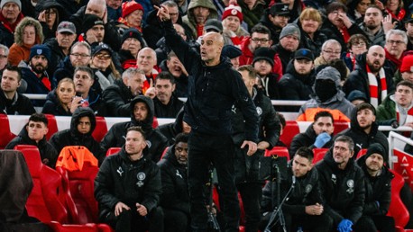 A sports coach or manager gestures energetically at the sideline, surrounded by a focused crowd in a stadium.