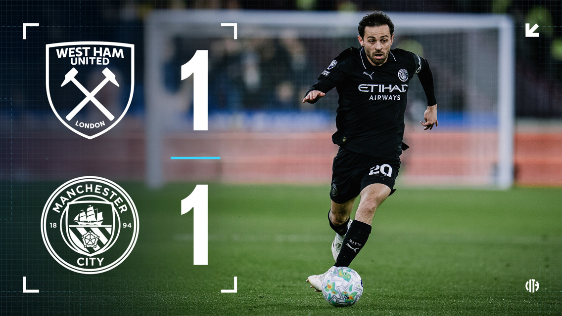 Graphic showing West Ham United and Manchester City logos with a score of 1-1, featuring a blurred player in Manchester City kit.