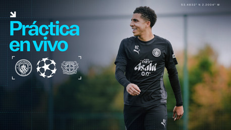 Image of a Manchester City player during a live practice session. Features the Manchester City and Bayer Leverkusen logos and coordinates. Text reads 'Práctica en vivo'.