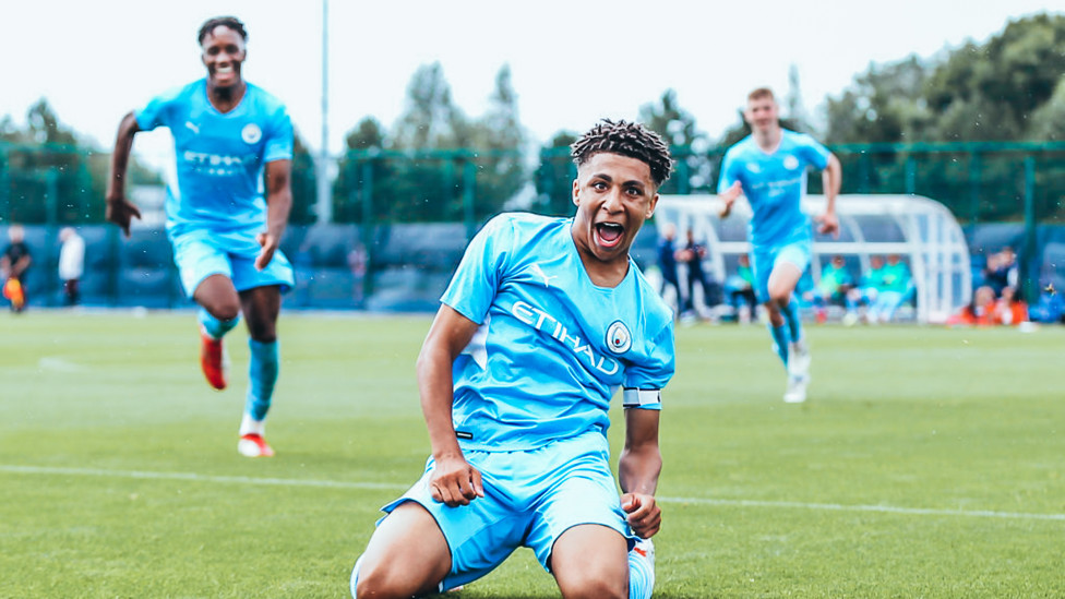 STARTER FOR 10 : Rico Lewis celebrates a goal in City's Under-18 Premier League opening day win over Manchester United, 14 August 2021.