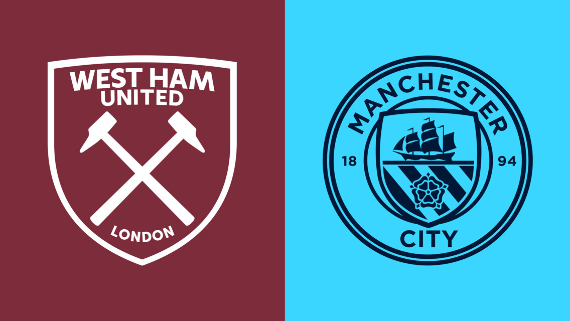 Logos of West Ham United and Manchester City side by side. The West Ham logo features crossed hammers, while the Manchester City logo includes a ship and rose.
