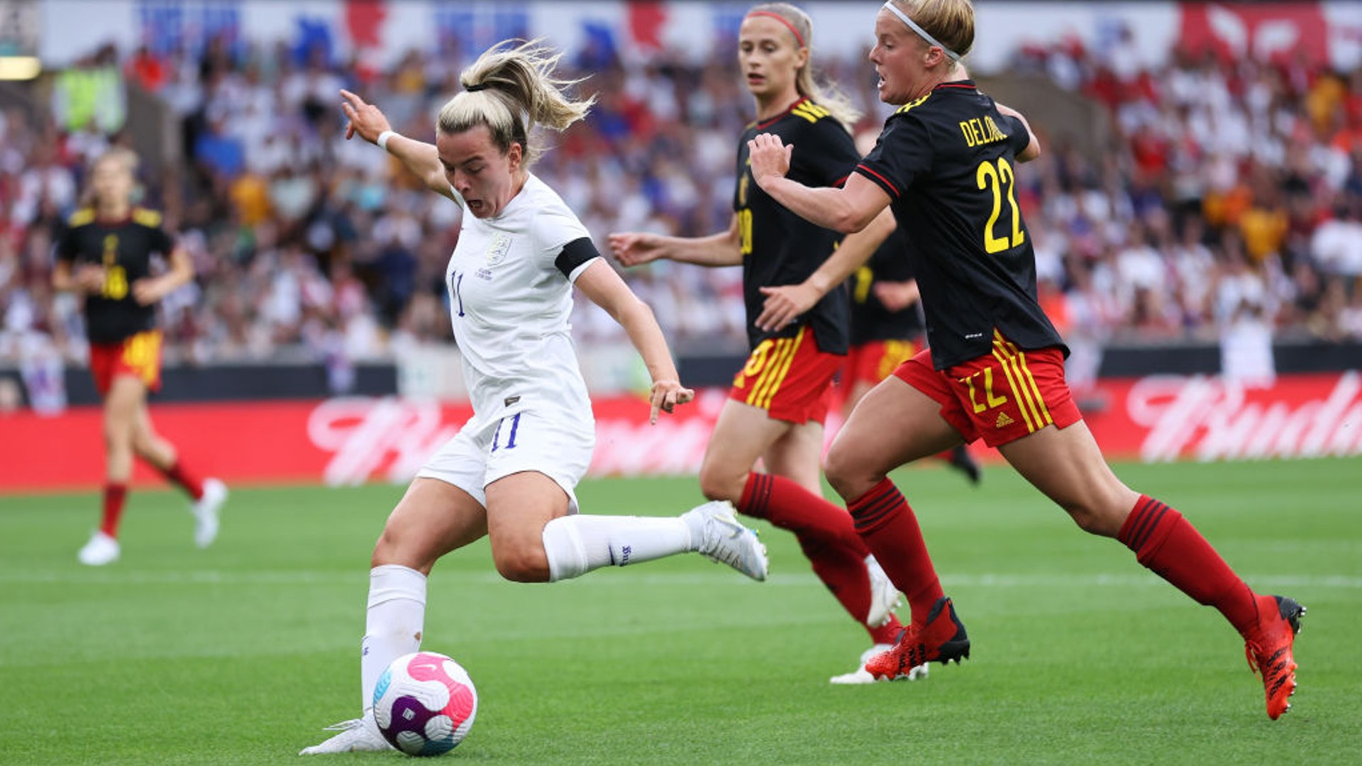 ACTION STATIONS: Lauren Hemp lets fly for England