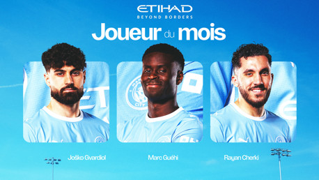 Graphic showing three football players nominated for Manchester City's Player of the Month award, featuring Joško Gvardiol, Marc Guéhi, and Rayan Cherki in light blue kits against a blue background.