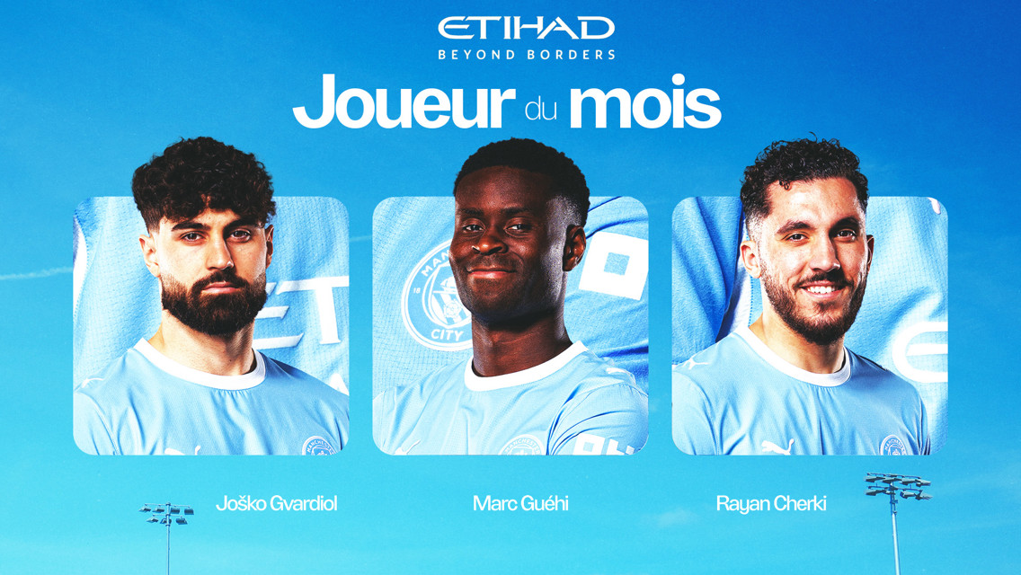 Graphic showing three football players nominated for Manchester City's Player of the Month award, featuring Joško Gvardiol, Marc Guéhi, and Rayan Cherki in light blue kits against a blue background.