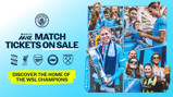 Manchester City WSL match tickets on sale announcement featuring photos of fans and players, highlighting 'Discover the home of the WSL Champions'. Logos of competing clubs are shown.