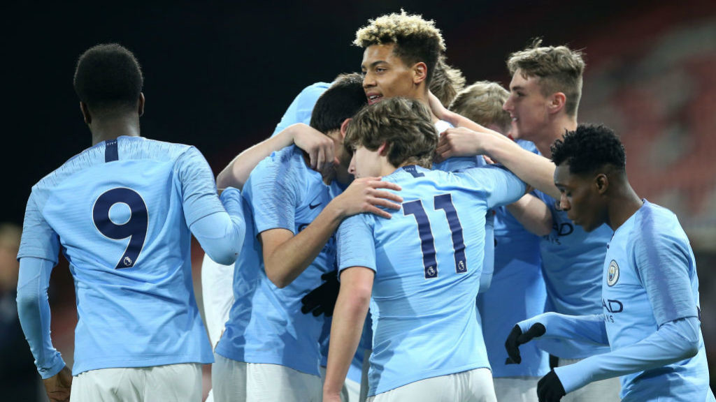 _The young Blues celebrate after Felix Nmecha's opener_