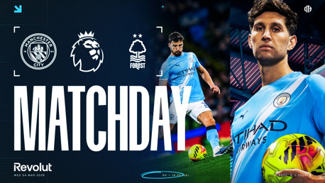 Manchester City vs Nottingham Forest Premier League matchday poster featuring team logos and player.