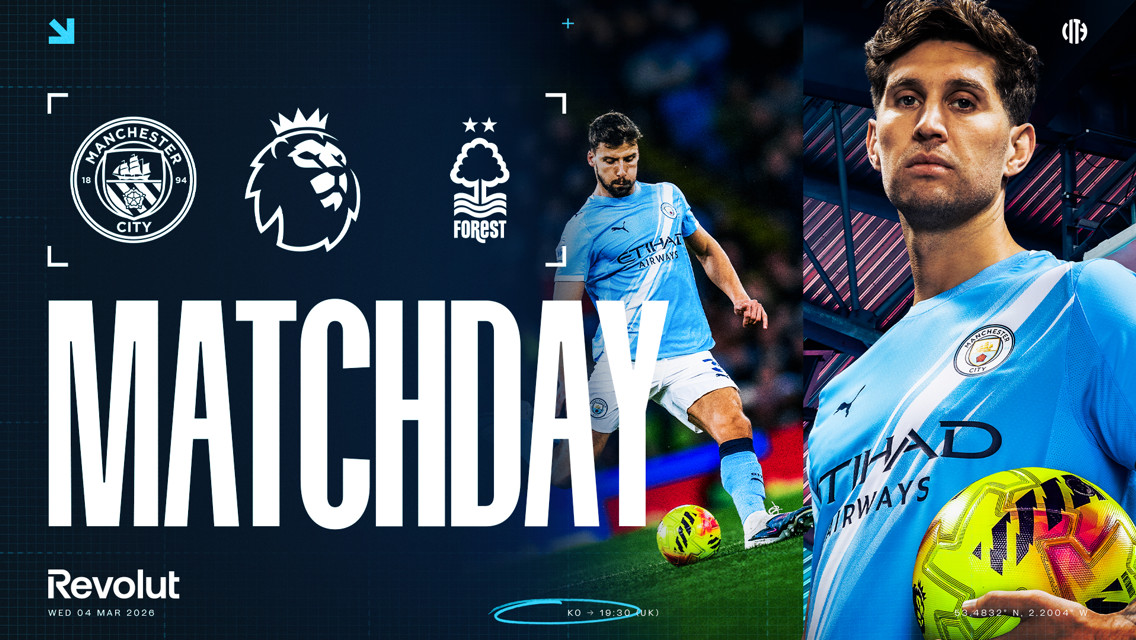 Manchester City vs Nottingham Forest Premier League matchday poster featuring team logos and player.