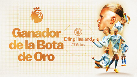 Graphic showing a Premier League Golden Boot award winner with 27 goals. Text includes 'Ganador de la Bota de Oro' and 'Erling Haaland'. Manchester City insignia present.