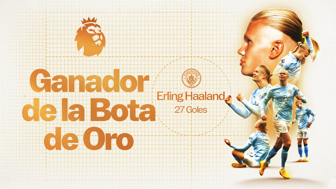 Graphic showing a Premier League Golden Boot award winner with 27 goals. Text includes 'Ganador de la Bota de Oro' and 'Erling Haaland'. Manchester City insignia present.