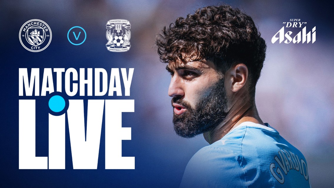 A promotional graphic for a matchday broadcast featuring Manchester City vs Coventry City with the text 'Matchday Live' and showing a Manchester City player.