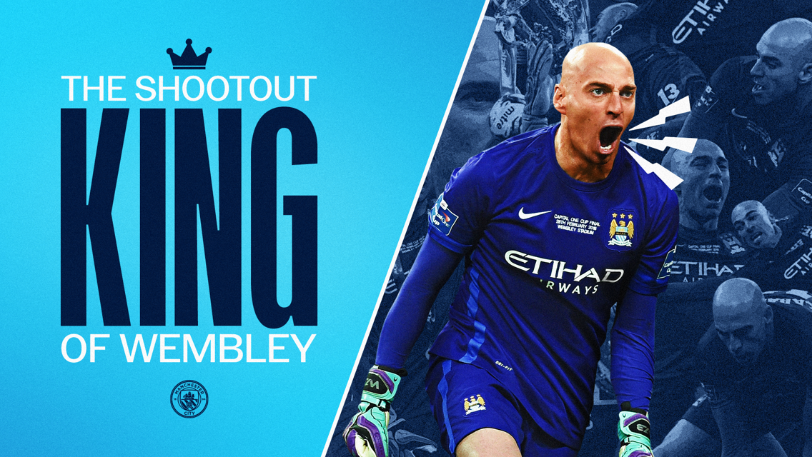 A graphic with the text 'The Shootout King of Wembley' featuring a Manchester City player in a goalkeeper kit.