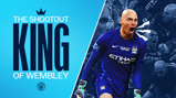 A graphic with the text 'The Shootout King of Wembley' featuring a Manchester City player in a goalkeeper kit.