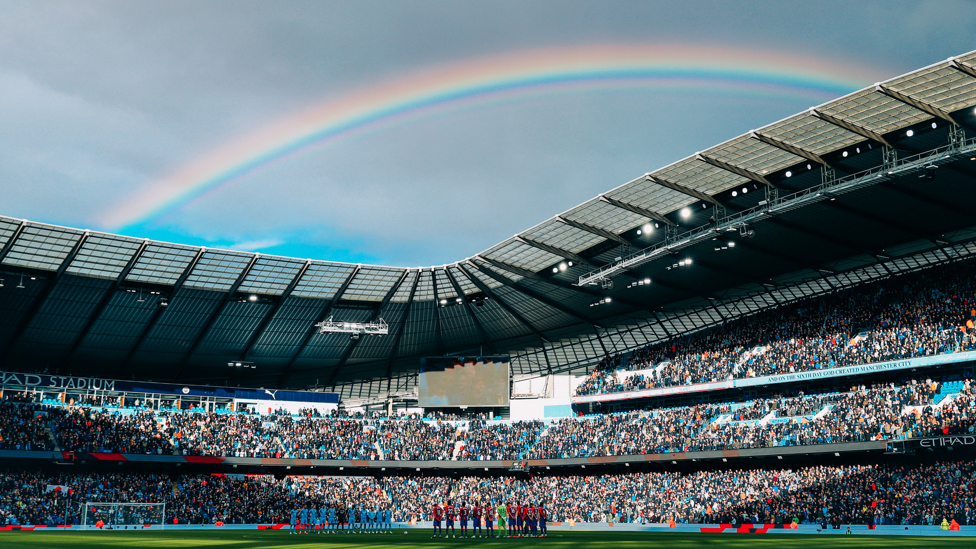 REMEMBRANCE DAY RAINBOW : A rainbow appears above the Etihad Stadium during the Remembrance Day minute’s silence between Manchester City and Crystal Palace, 30th October 2021.