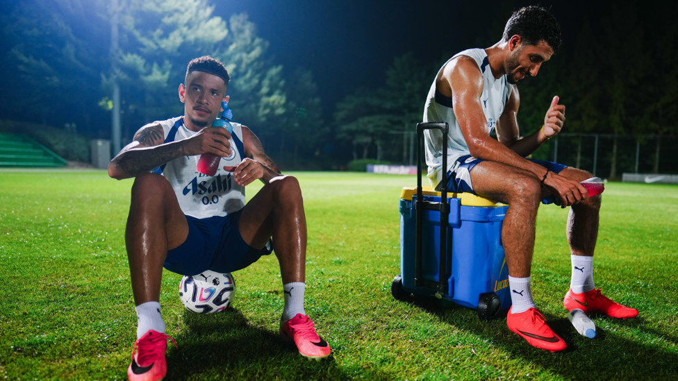 WATER BOARD: Savinho and Omar Marmoush take on much-needed fluids