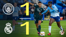 Scoreboard showing a 1-1 draw between Manchester City and Real Madrid, with players from both teams competing for the ball during the match.