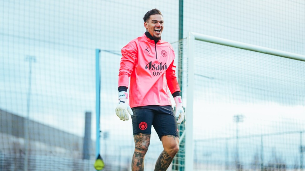 ALL SMILES : Ederson clearly enjoying himself during training.