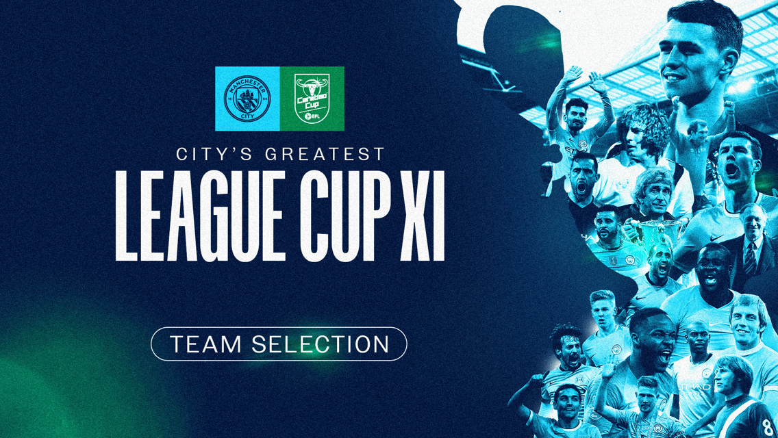 Graphic featuring Manchester City and Carabao Cup logos with team selection text and silhouettes of players.