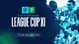 Graphic featuring Manchester City and Carabao Cup logos with team selection text and silhouettes of players.