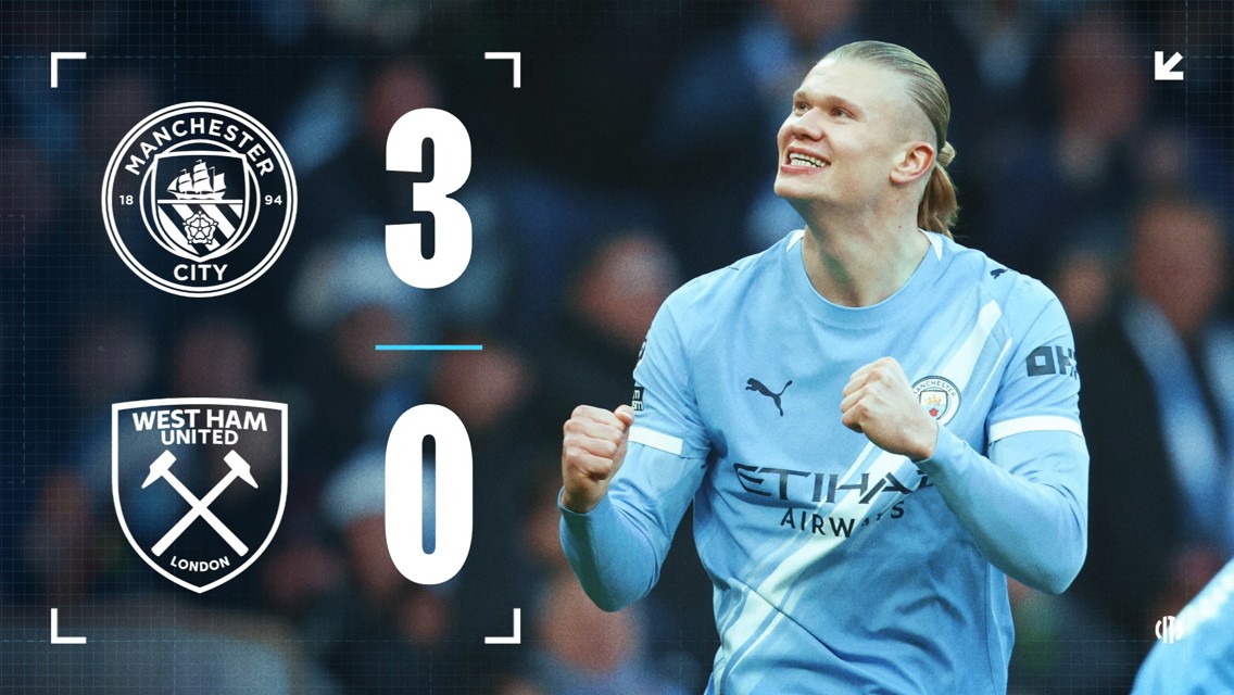 Scoreboard showing Manchester City defeating West Ham United 3-0, with a Manchester City player celebrating.