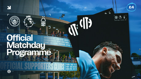 Official Matchday Programme featuring Manchester City vs Nottingham Forest, with stadium view and blurred player image. Price: £4.