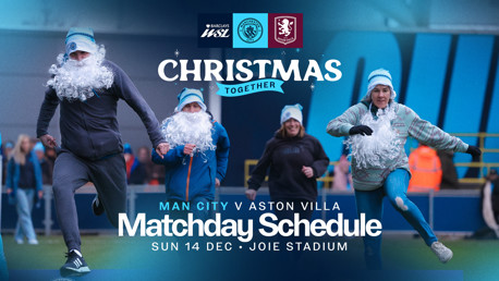 Promotional image showing people in Santa beards at the Manchester City vs Aston Villa match scheduled for Sunday, December 14 at Joie Stadium, part of the Christmas Together event.