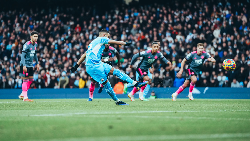 MAKE THAT TWO : Mahrez doubles our lead from the penalty spot shortly after the opener.