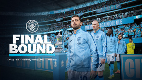 Manchester City promotional image for the FA Cup Final on Saturday 16 May 2026 at Wembley. Players in light blue tracksuits walking with the FA Cup trophy visible.