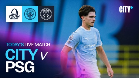 A promotional image for a UEFA Youth League match between Manchester City and Paris Saint-Germain. It includes logos for UEFA Youth League, Manchester City, and PSG. The text indicates a live match between City and PSG.