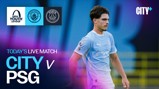 A promotional image for a UEFA Youth League match between Manchester City and Paris Saint-Germain. It includes logos for UEFA Youth League, Manchester City, and PSG. The text indicates a live match between City and PSG.