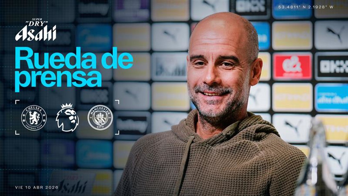 Press conference board with Chelsea and Manchester City logos, Premier League motif, and match date April 10, 2026, displayed.