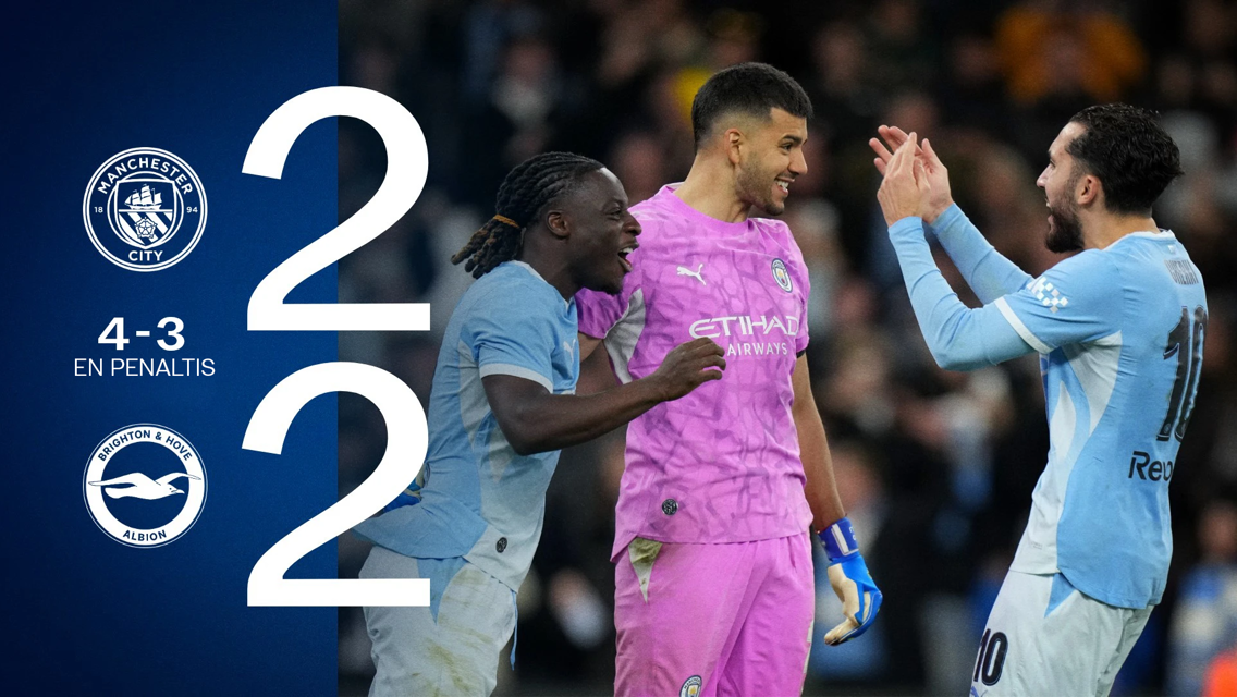 Manchester City vs Brighton & Hove Albion match ended 2-2, with Manchester City winning 4-3 in penalties. Players from Manchester City are celebrating.